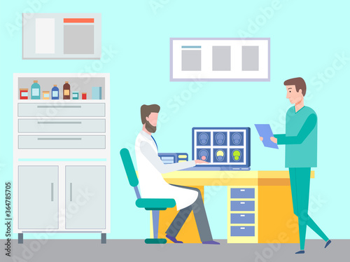 Concept of magnetic resosnance imaging of brain. Doctor or therapist sitting at table in medical office. Medical assistant bring results of tomography scan. Doctor analyzing MRI brain scan concept