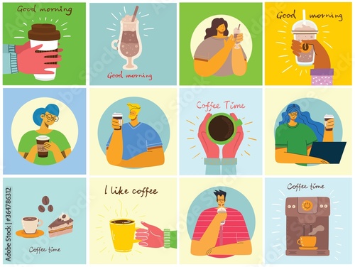 Smiling people friend drinking coffee and talking. Coffee time, break and relaxation vector concept cards. Vector illustration in flat design style