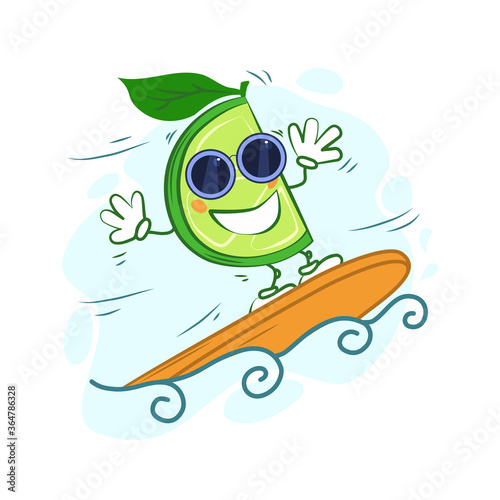 Cartoon lime surfer on a white isolated background. Vector illustration.
