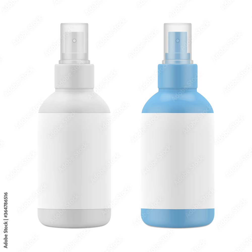 White mockup of plastic matte bottle. Blank packaging - spray for cosmetics, air scavenger, deodorant. Vector EPS 10. White mockup of plastic matte bottle. Blank packaging - spray for cosmetics, air scavenger, deodorant. Vector EPS 10.