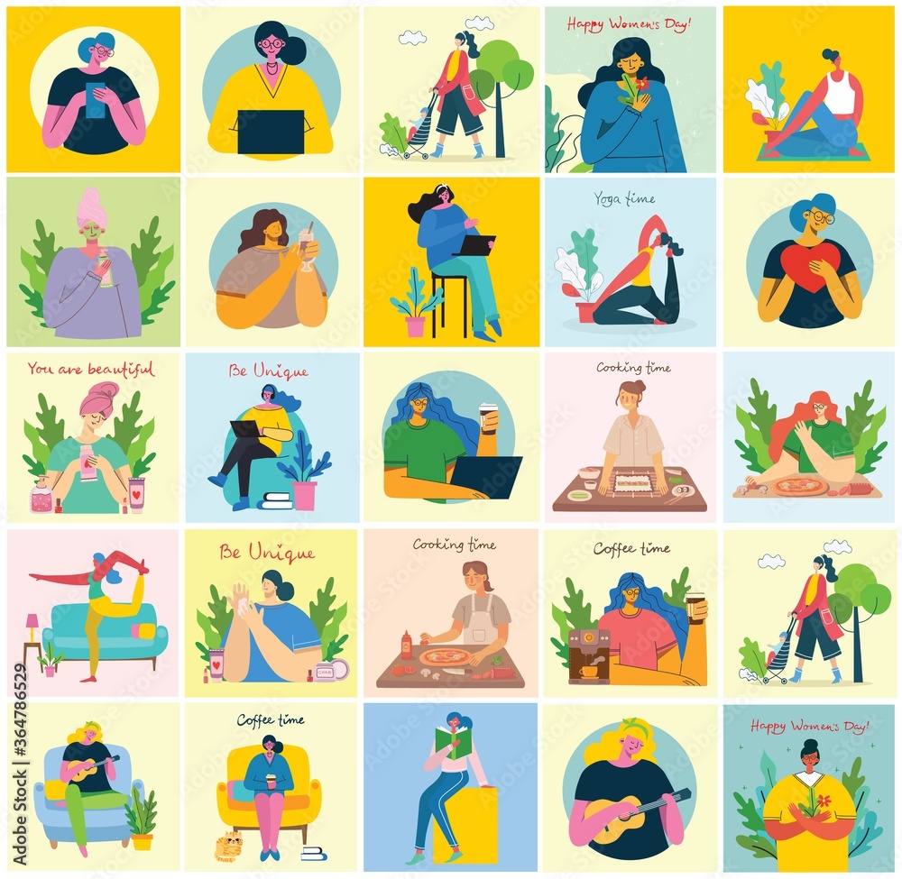 Fototapeta premium Women activities backgrounds. Women doing yoga, cooking, reading and working concept in the flat style