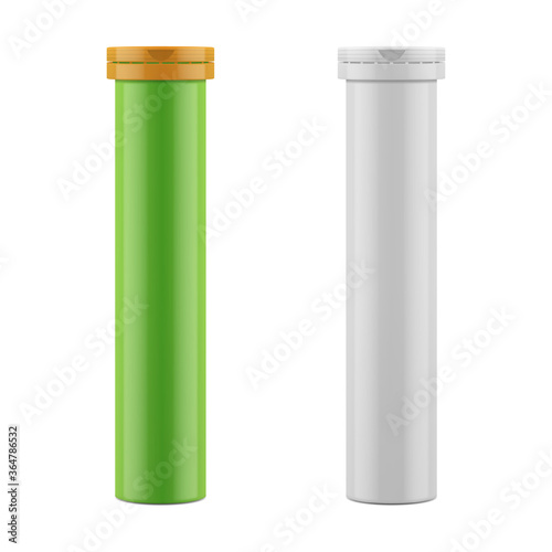 Vector mockup of aluminum bottle and plastic cap for tablets, pills. Packaging for effervescent vitamins.  EPS 10