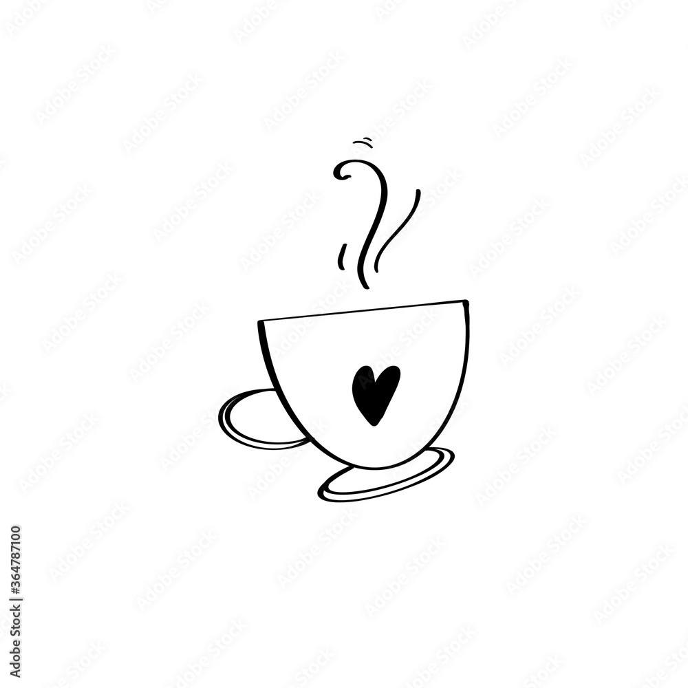 Cute kawaii hand drawn tea coffee mug heart isolated on white. Doodle contour digital art. Print for highlights social media post, sticker, tattoo, fabric, clothes, stationery, menu, cafe Cute kawaii hand drawn tea coffee mug heart isolated on white. Doodle contour digital art. Print for highlights social media post, sticker, tattoo, fabric, clothes, stationery, menu, cafe