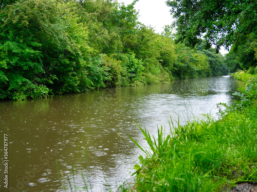 Halsall Cutting on the Leeds to Liverpool canal in Lancashire  UK - a quiet  tranquil section of the canal. Taken on a calm rainy day in summer.