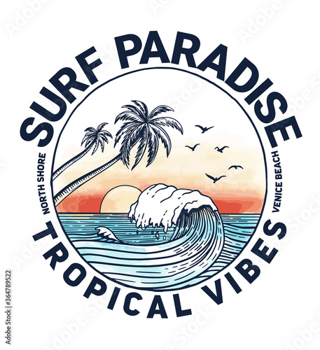 Surf paradise text with palm trees and waves vector illustrations. For t-shirt prints and other uses.