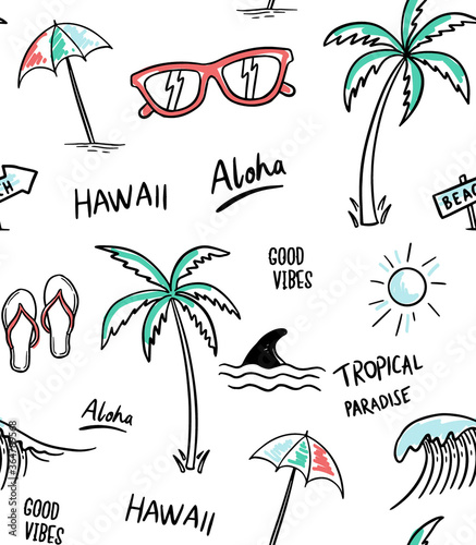 Hawaii, Aloha theme seamless pattern vector illustrations. Palm trees, shark, sunglasses, sun, umbrella, flip flops.