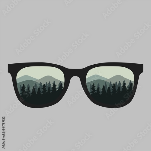 "Mountains are calling" vector illustration with hipster sunglasses. Mountains reflected on glasses.