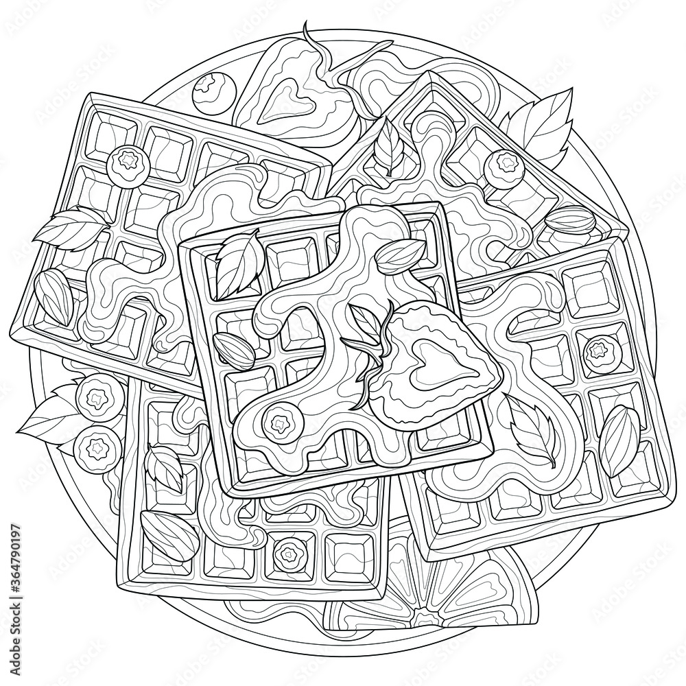 Fototapeta premium Viennese waffles with berries, almonds and mint.Tasty sweets.Coloring book antistress for children and adults. Zen-tangle style.Black and white drawing