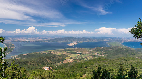 Beautiful aerial view of Orbetello and the Lagoon from the summit of Monte Argentario, Grosseto, Italy, including the beaches of Giannella and Feniglia