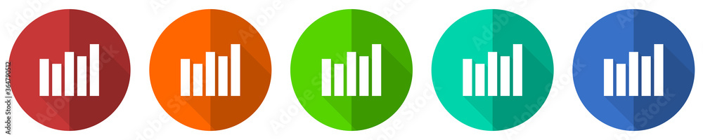 Graph icon set, diagram, red, blue, green and orange flat design web buttons isolated on white background, vector illustration Graph icon set, diagram, red, blue, green and orange flat design web buttons isolated on white background, vector illustration