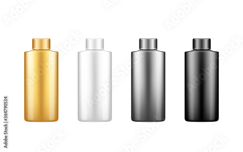Set of shampoo bottle mockup. Plastic package design. Blank white, silver, gold, black product container template: sanitizer, softener, laundry, soap, stain remover. 3d vector illustration