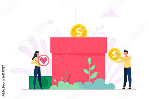 Donation and charity concept with characters. Vector illustration in flat style.