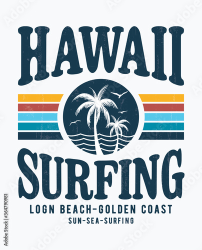 Vintage Hawaii theme text with palms, waves and birds vector illustrations. For t-shirt prints and other uses.