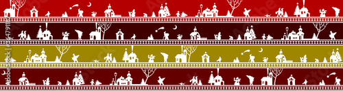 Christmas and New Year's seamless pattern background with cut silhouette of town and people