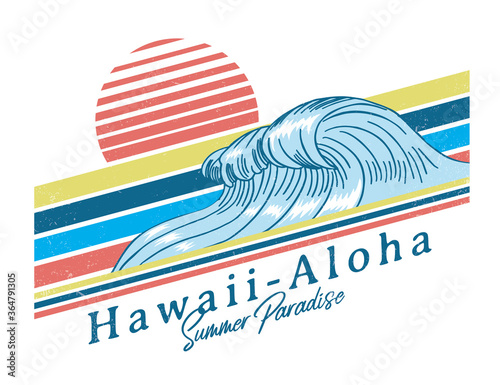 Vintage Hawaii theme text with palms, waves and birds vector illustrations. For t-shirt prints and other uses.