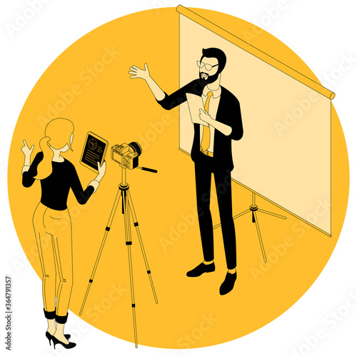 Flat design isometric concept for video blogging and marketing, education, webinar and tutorial projects