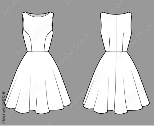 Dress technical fashion illustration with fitted body, boat neck, sleeveless, semi-circular fullness, knee length. Flat apparel template front, back, white color. Women, men unisex CAD mockup