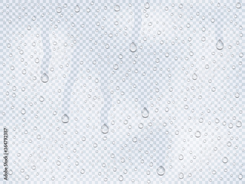 Realistic water droplets on the glass, rain drops on a window or steam transudation in shower, water droplets condensed on cold surface an isolated template photo