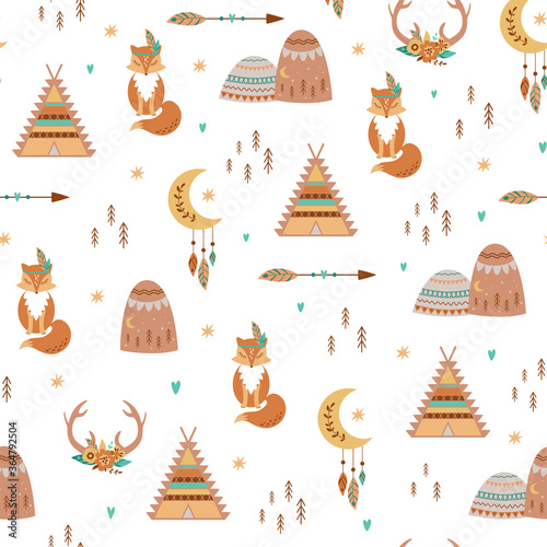 Tribal kids pattern Teepee, Arrow, Feathers, Moon, Fox, aztec mountains, deer horns, flowers. Cute baby boho background.