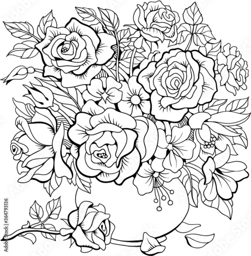 Bouquet of different flowers. Coloring page