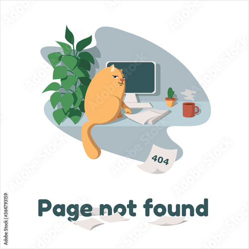 404 error, concept of page not found on white background. Funny red cat dropped a sheet of paper. Template for website. Cartoon vector illustration.