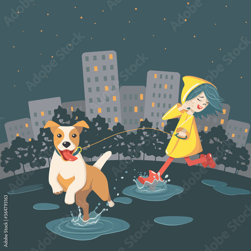 Happy cheerful girl runs through the puddles with her dog in the autumn city park. Сoncept of outdoor evening walk with a pet. The dog from the shelter is the best friend. Cartoon vector illustration