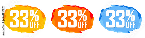 Set Sale 33% off bubble banners, discount tags design template, vector illustration