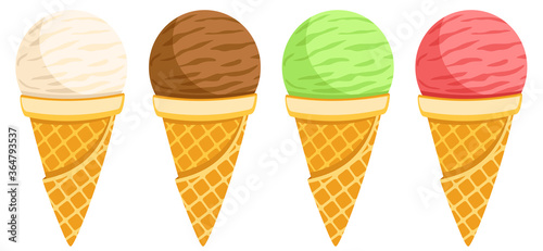 Set of ice cream in a waffle cone on a white background