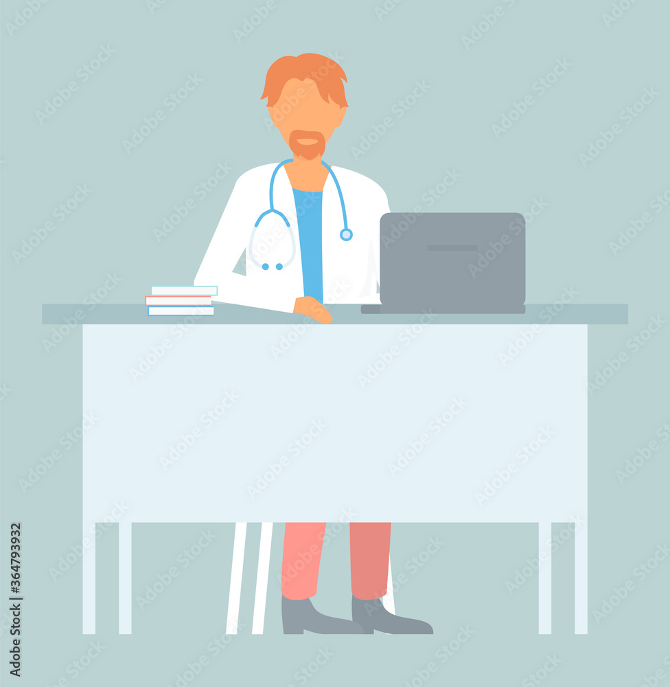 Doctor sitting at table with stethoscope, laptop and books at table. Smiling portrait of physician or therapist. Bearded man wearing medical gown with medical equipment. Isolated character flat style Doctor sitting at table with stethoscope, laptop and books at table. Smiling portrait of physician or therapist. Bearded man wearing medical gown with medical equipment. Isolated character flat style