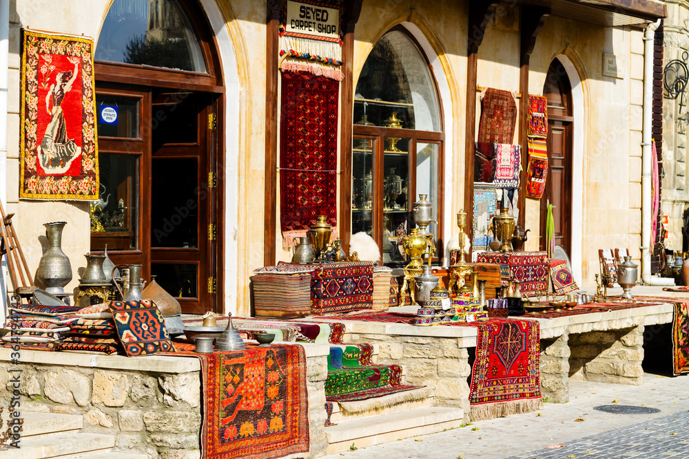 Icheri Sheher (Old Town) of Baku, Azerbaijan. Typical tourist shop with souvenirs and antiques.