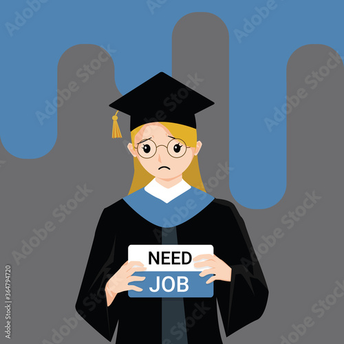Woman wearing graduation gown graduated from university while jobless and economic depression due Covid-19 pandemic concept. Unemployment problems and labor market crisis. Vector illustration