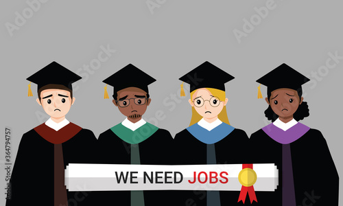 Group of graduates wearing graduation gowns graduated from university while jobless and economic depression due Covid-19 pandemic concept. Unemployment problems and labor market crisis. Vector
