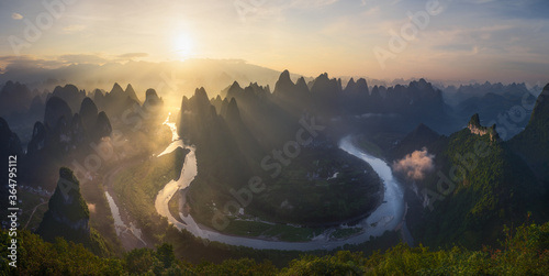 Landscape of Guilin, Li River and Karst mountains. Located near The Ancient Town of Xingping, Yangshuo, Guilin, Guangxi, China.