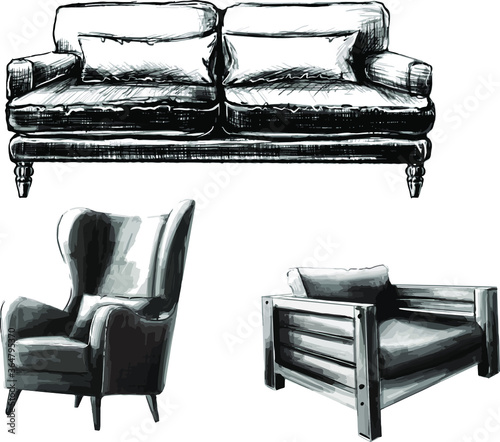 A set of home furniture, a classic loft chair, a sofa in the art Nouveau style. A sketch drawn by hand. Fill in black and white. Vector graphics. Handmade work.