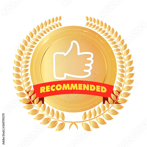 We recommend golden label with ribbon and thumbs inside gold shiny emblem. Recommend icon with thumbs and stars. Modern web banner element.Stock vector illustration on white isolated background.