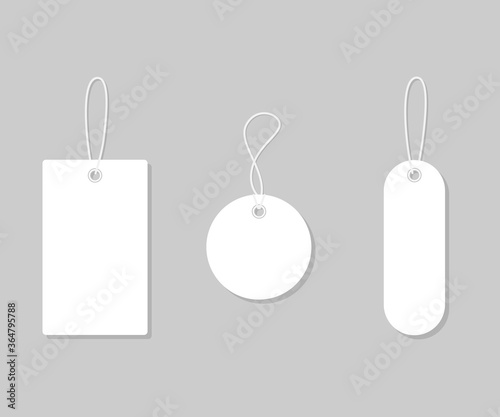 Set white tags and labels for sale, mockup frames. Blank template shopping labels. Paper blank, discount and price tags. Special offer. Gift tags in different shapes. Set of labels with ribbon. Vector