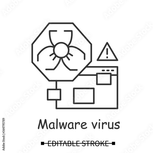 Malware alert icon. Malicious hacker software antivirus warning line pictogram. Concept of malware, spyware, adware and trojans. Editable stroke vector illustration for internet security presentation