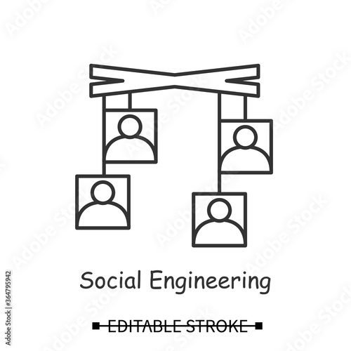 Social engineering icon. User avatar on mock puppets line pictographs. Concept of psychological hacker attack, personal information and account access obtaining. Editable stroke vector illustration