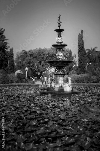 Black and white fountain in a garden photo