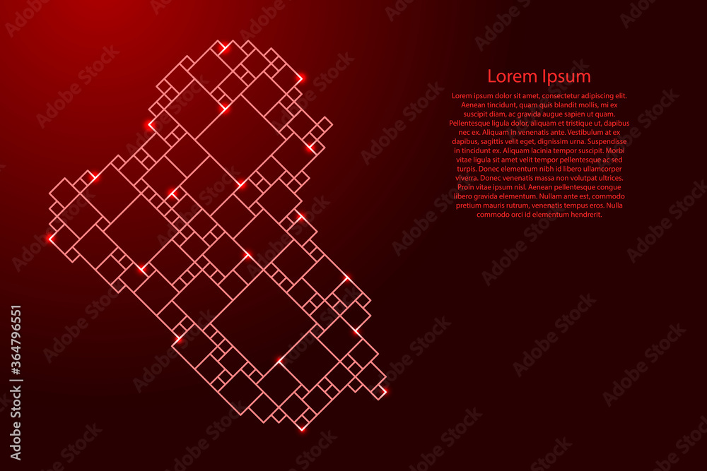 Obraz premium Iraq map from red pattern from a grid of squares of different sizes and glowing space stars. Vector illustration.
