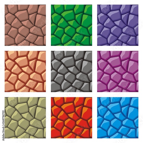 set of seamless pattern vector illustration of stone texture,
 in cartoon style and tileable, Useful for Website and Print 
backgrounds, game element and tileset
it can be used for game background too