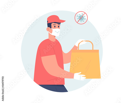 Courier delivery of orders during quarantine time. A courier wearing mask and gloves to protect from covid-19 virus