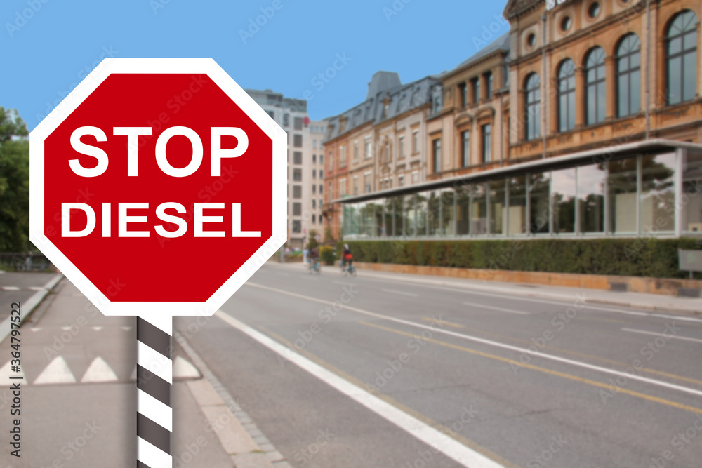 Stop sign for diesel cars in city, introducing ban on production and trade of diesel cars, development of alternative energy, ecology, environmental protection