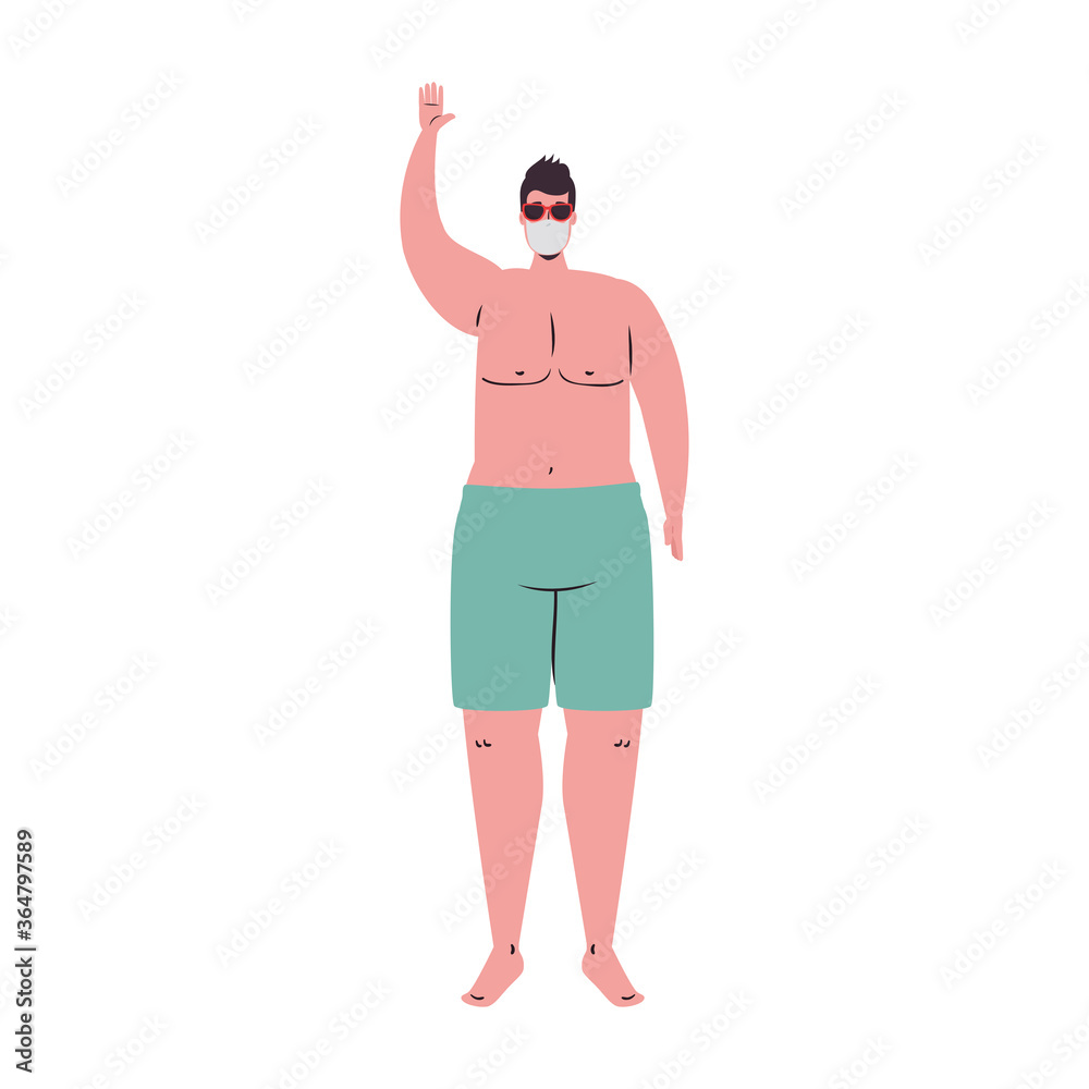Man cartoon with swimsuit medical mask and glasses design, Summer vacation tropical and covid 19 virus theme Vector illustration