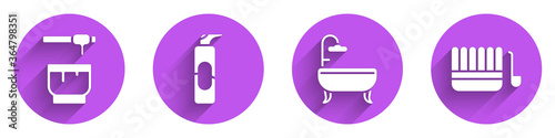 Set Honey dipper stick and bowl, Spray can for hairspray, Bathtub and Sauna bucket and ladle icon with long shadow. Vector.