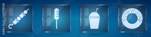 Set Grilled shish kebab, Fried sausage, Milkshake and Donut. Square glass panels. Vector.