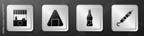Set Street stall with awning, Onigiri, Bottle of water and Grilled shish kebab icon. Silver square button. Vector.