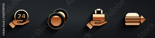 Set Clock 24 hours, Plate, Online ordering and delivery and Online ordering burger delivery icon with long shadow. Vector.