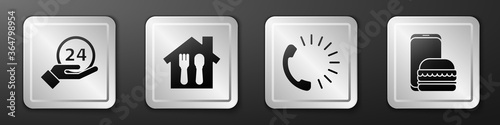 Set Clock 24 hours, Online ordering and delivery, Food ordering and Online ordering and delivery icon. Silver square button. Vector.