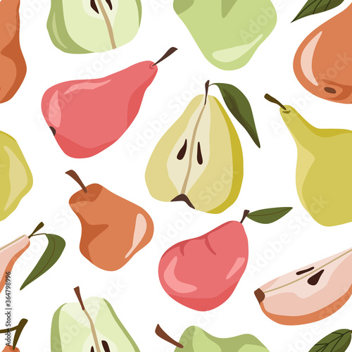 Pears vector seamless pattern. Fresh yellow, green, pink fruits. Whole pears and slices. Ideal for wrapping paper, textile, wallpaper. Vector illustration isolated on white background.